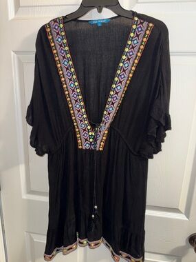 blue island Black Tunic swim coverup  with Multicolor Embroidered V-Neck large